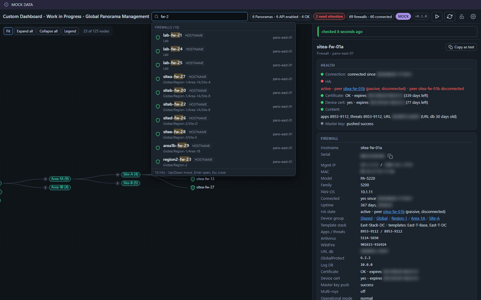panoview on mock data: instant search across name, serial and address, each match showing its device-group path and owning Panorama
